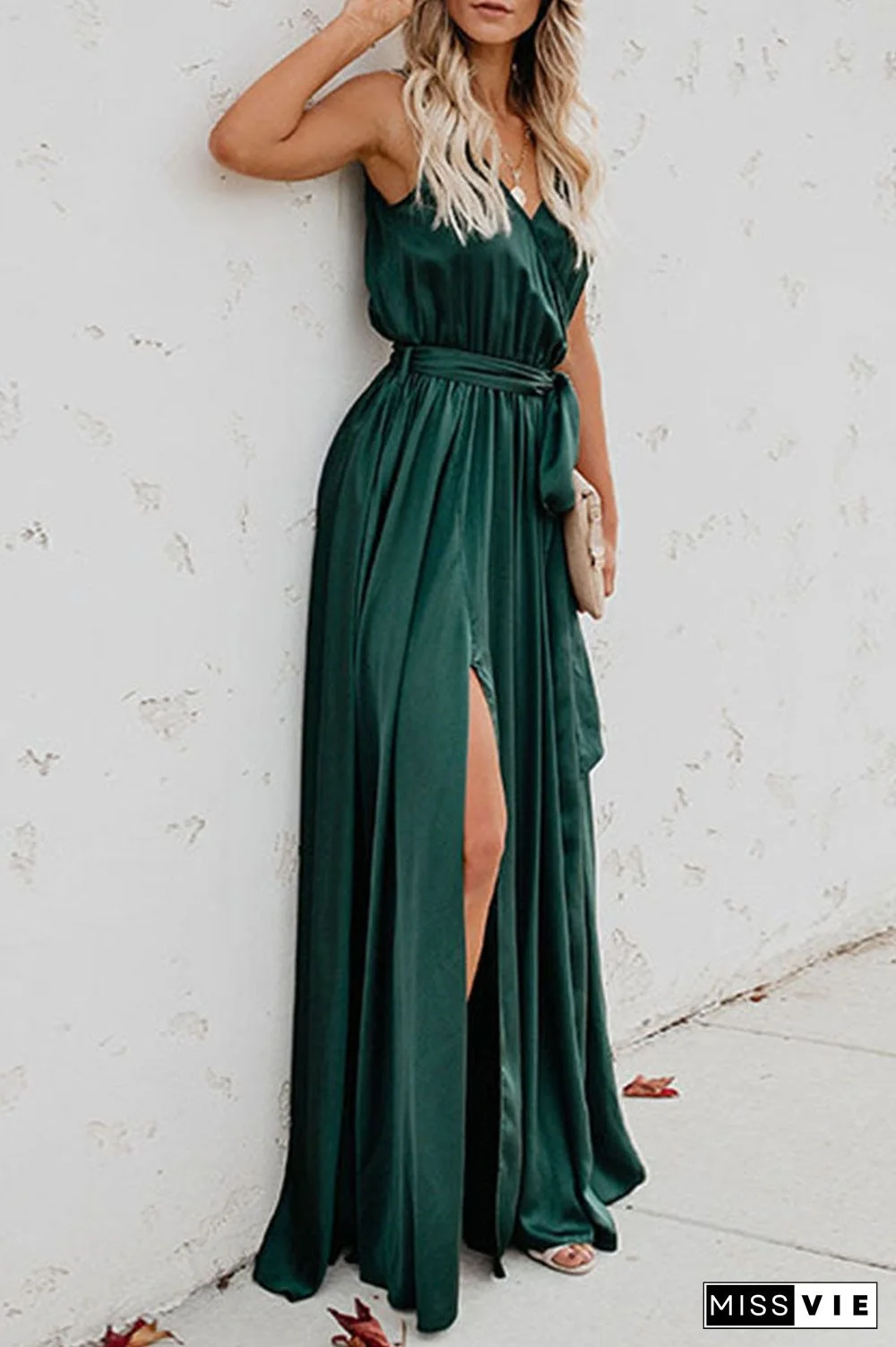 Fashion Street Solid Slit V Neck Waist Skirt Dresses