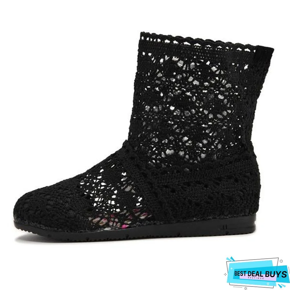 Women Cut-Outs Fashion Shoes Knitted short lace Boot ankle botas Boots