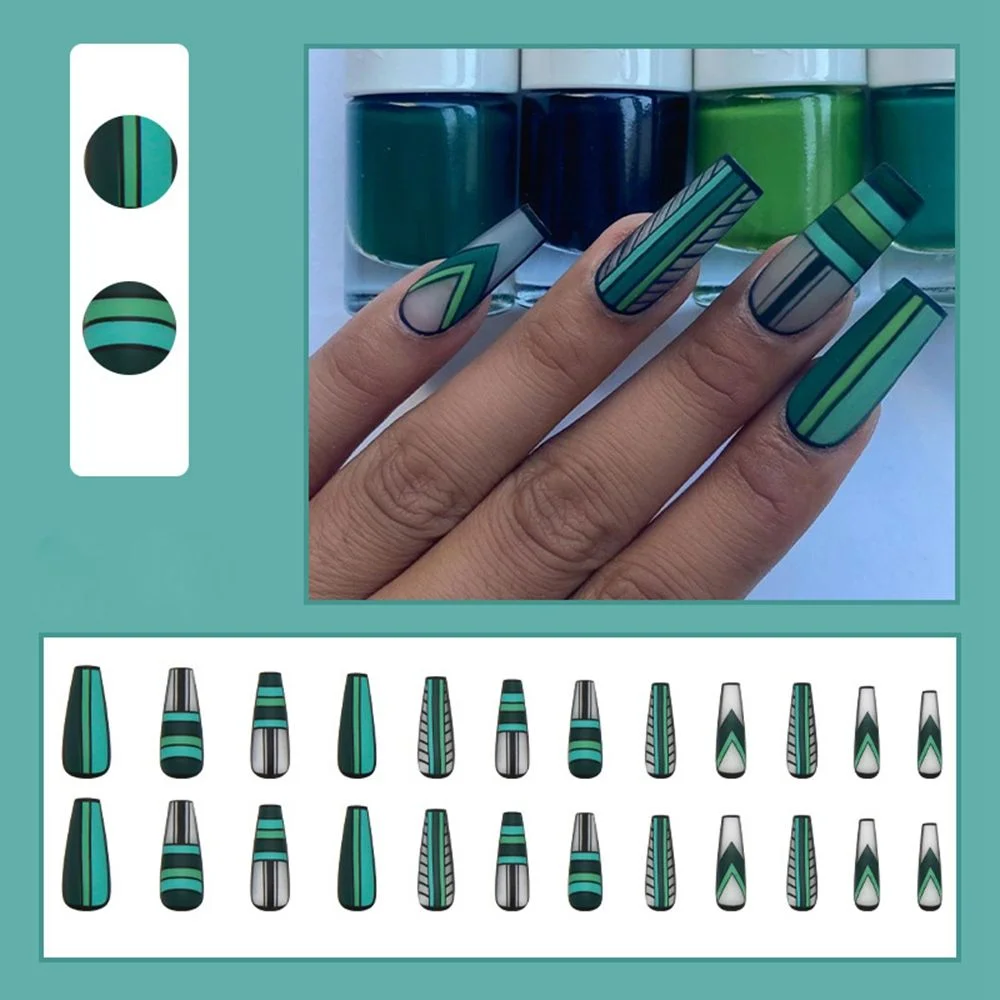 Fake nails with green checkered design Full Cover Long Coffin Ballerina False Nails DIY Glue Press On Nails Detachable Nail Tips