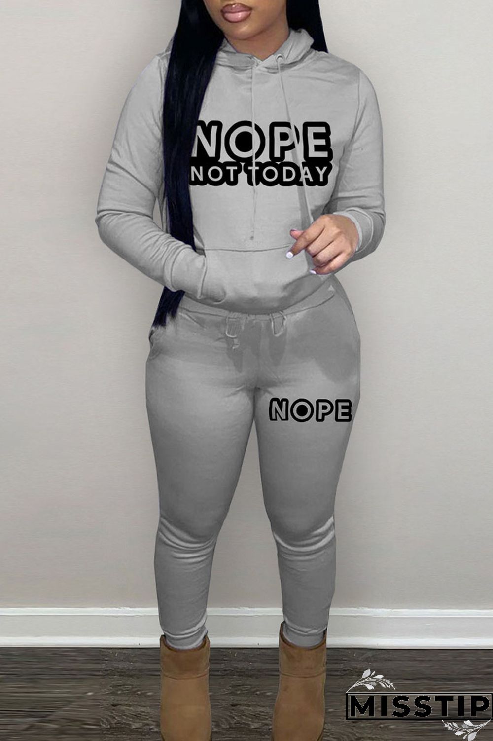 Black Casual Print Patchwork Hooded Collar Long Sleeve Two Pieces