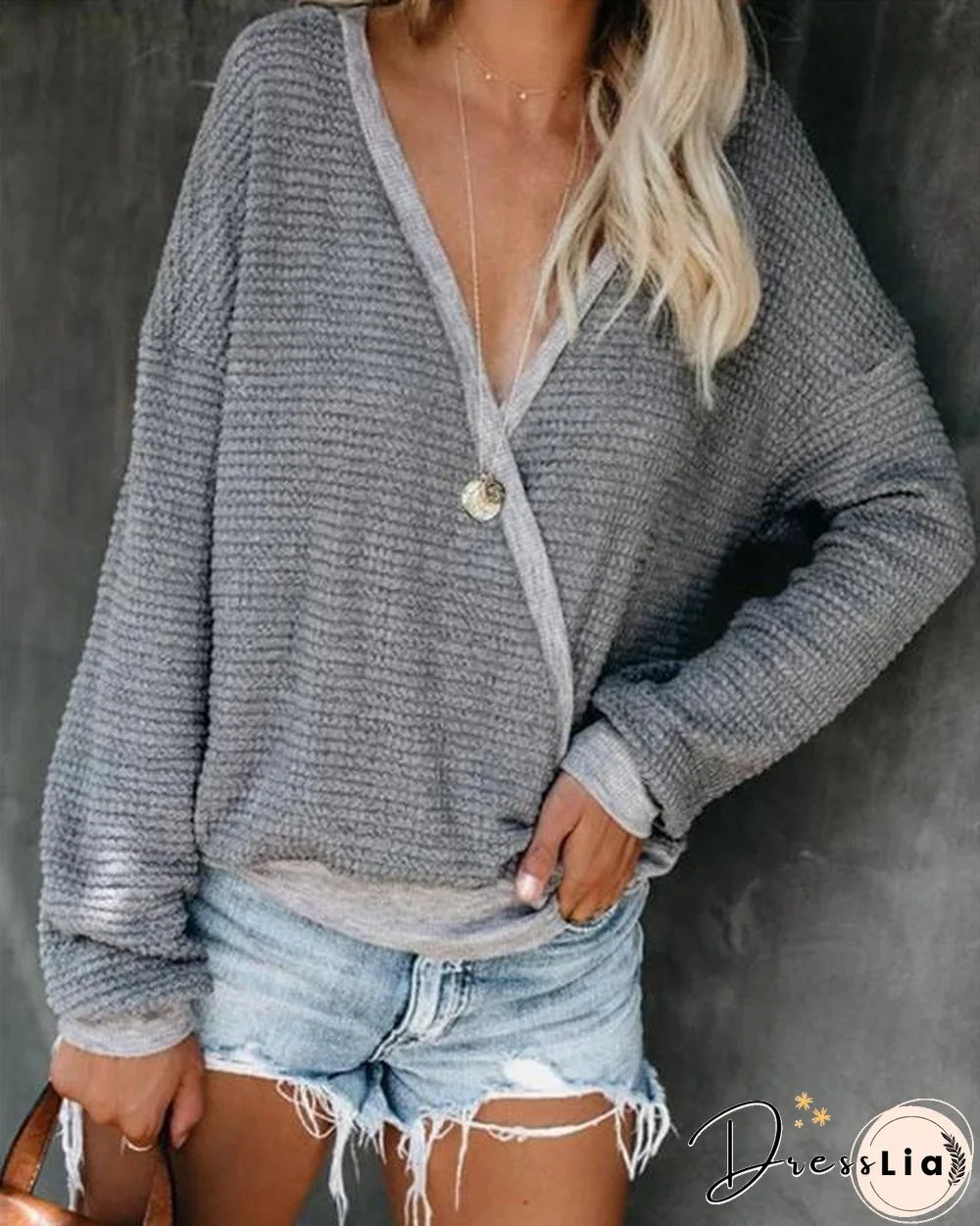 Grey V Neck Knitted Solid Casual Shirts & Tops