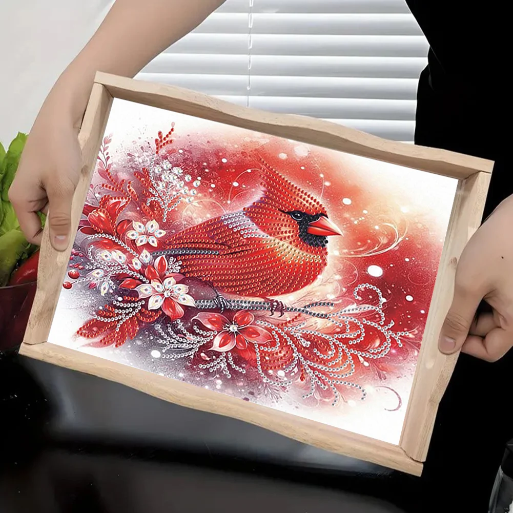 5D DIY Cardinal Diamond Painting Wooden Serving Tray with Handle for Desk