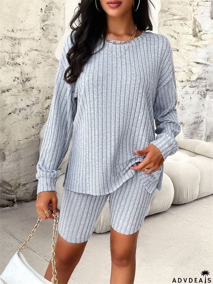 Female Pure Color Leisure Knitted Sweater + Shorts Two-piece Set