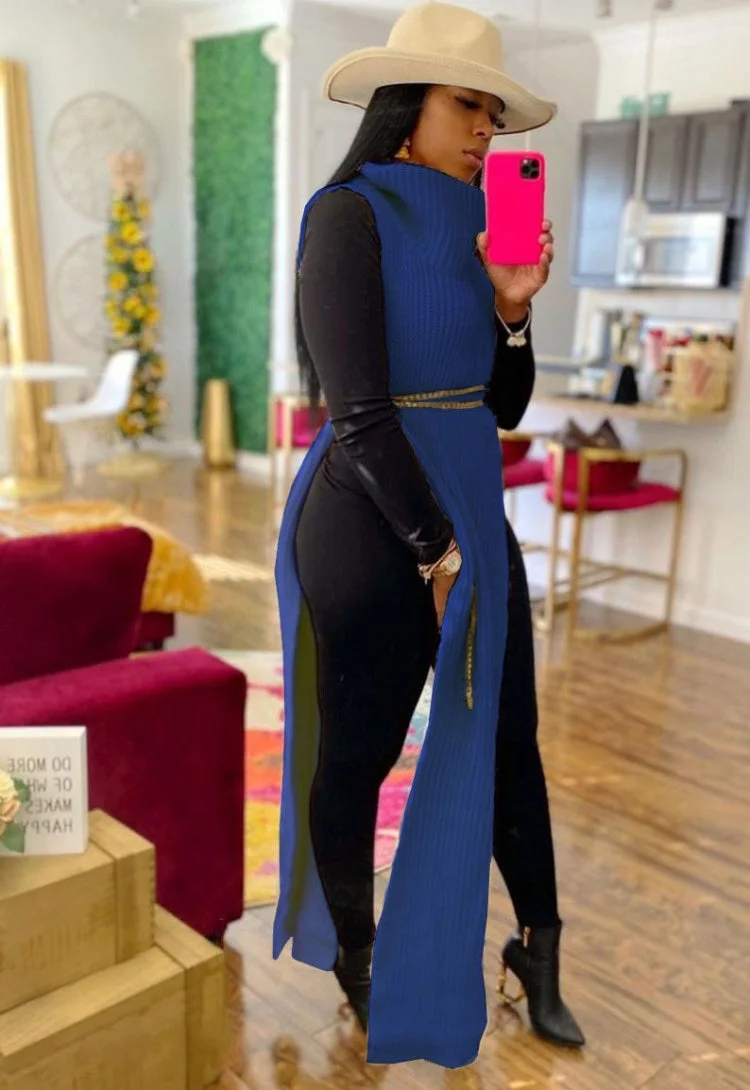 Toloer Toloer Turtleneck Side Slit Long Sweater Top 102-0-Outfit Ideas