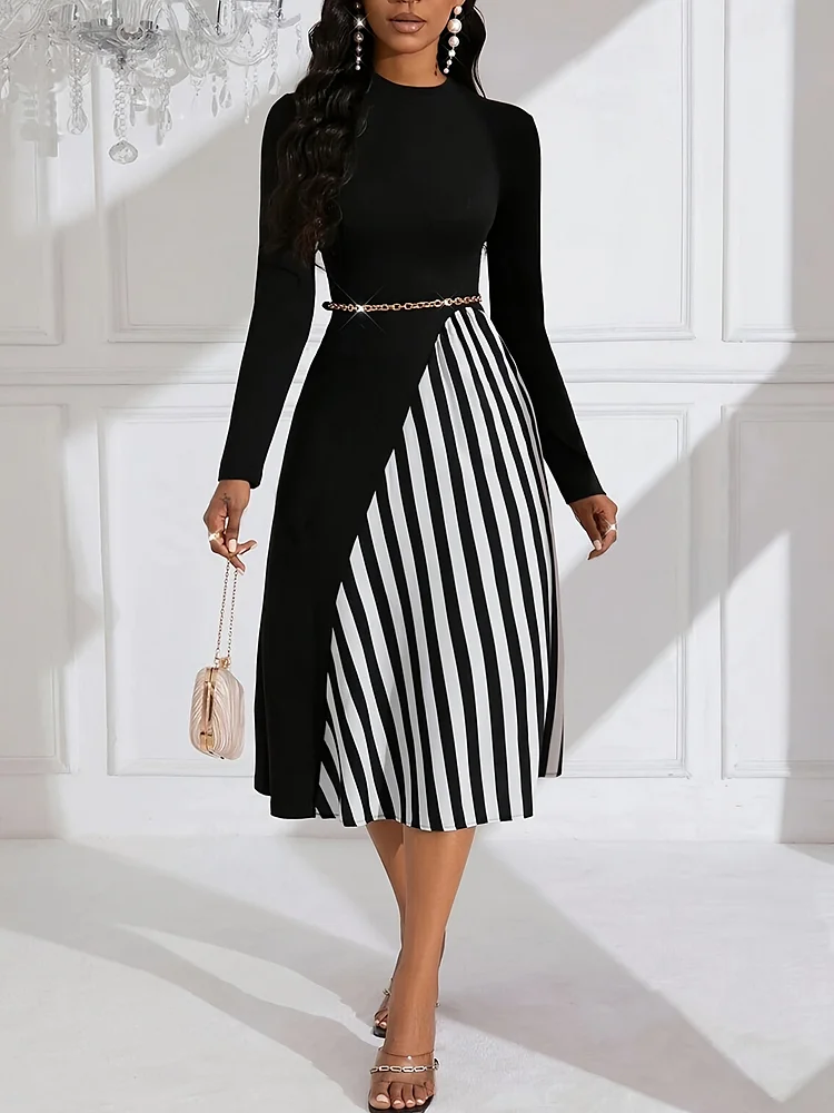 Chic Striped A-Line Dress - Women's Elegant Long Sleeve Asymmetric Crew Neck Dresses For Spring & Fall - Comfortable, Flattering, And Versatile Clothing For Various Occasion