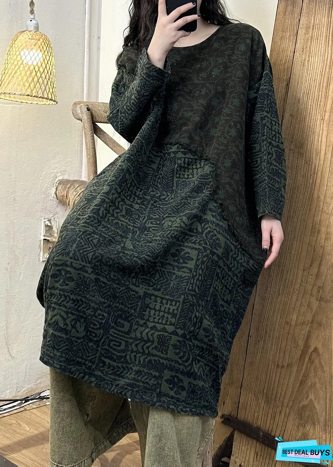 Retro Green Patchwork Print Long Dress Long Sleeve