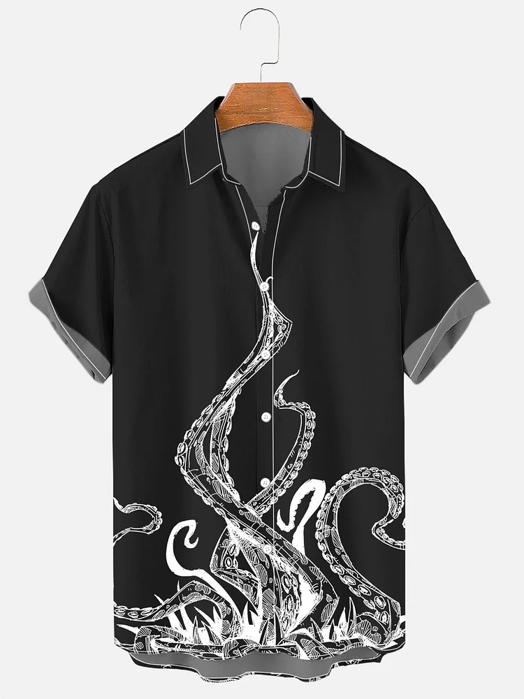 Men's Ocean Collection Black and White Octopus Print Casual Breathable Cropped Hawaiian Shirt