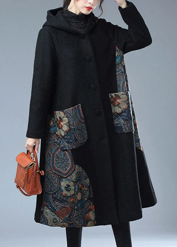 Modern Black Hooded Print Warm Fleece Woolen Trench Coat Winter