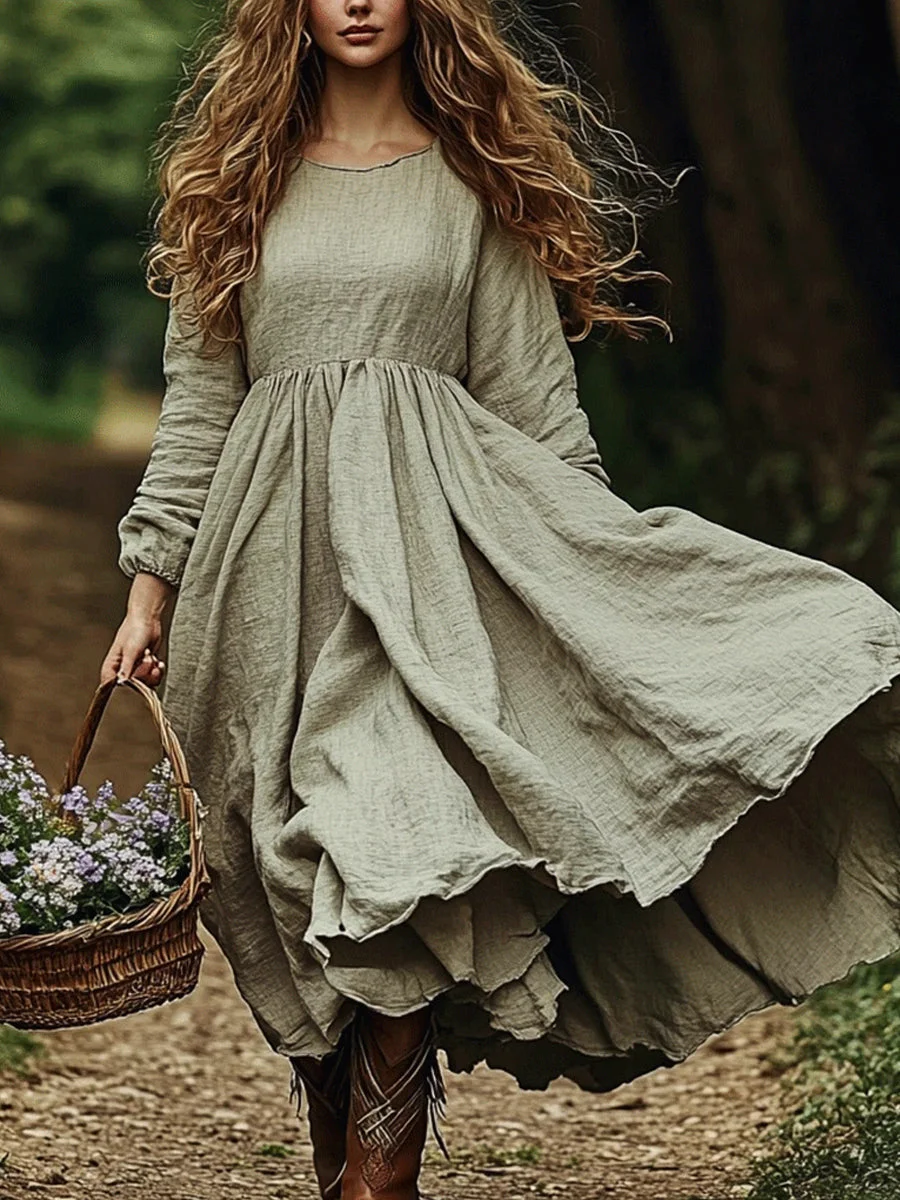 Ladies Vintage Solid Color Casual Long Sleeve Dress