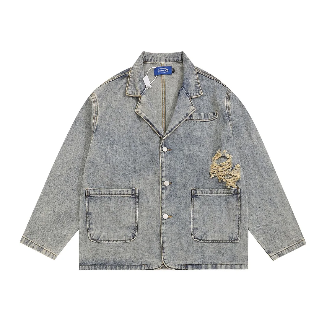 Vintage Ripped Blazer Collar Denim Jacket Wash Distressed Jacket Men and Women Couple Loose Casual Top