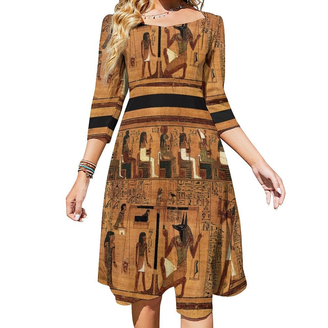 Hieroglyphics Papyrus Ancient Egyptian Dress Sweetheart Tie Back Flared 3/4 Sleeve Midi Dresses