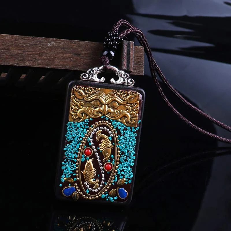 Ebony Wood Elephant Lotus Balance String Necklace Pendant