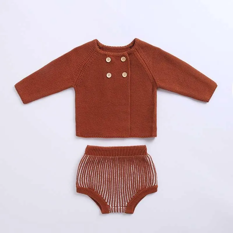 2019 Autumn Pink Knitted Suits Baby Kids Clothes Sets Sweater Girls Sets Ruffles Long Sleeve Sweater+PP Short 2Pcs Kids Suits