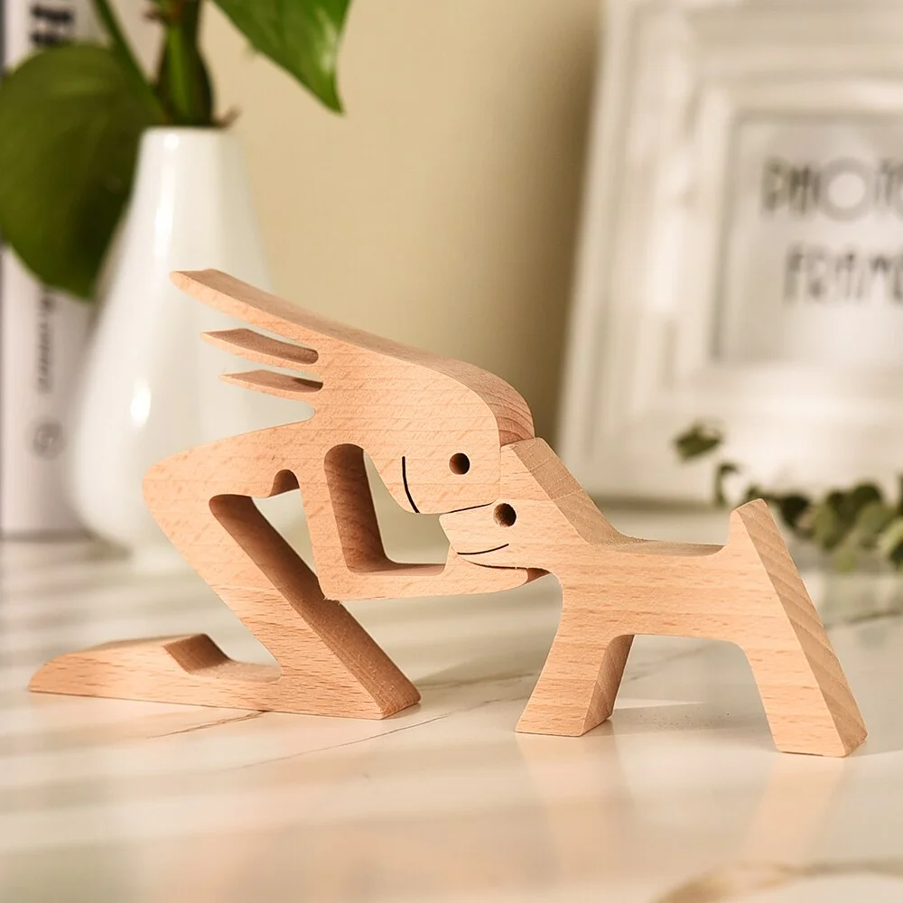 Wooden Dog And Women 3D Creativ Craft Figurine Home Office Ornament Handmade White Beech Animal Model Boy Birthday Gift's