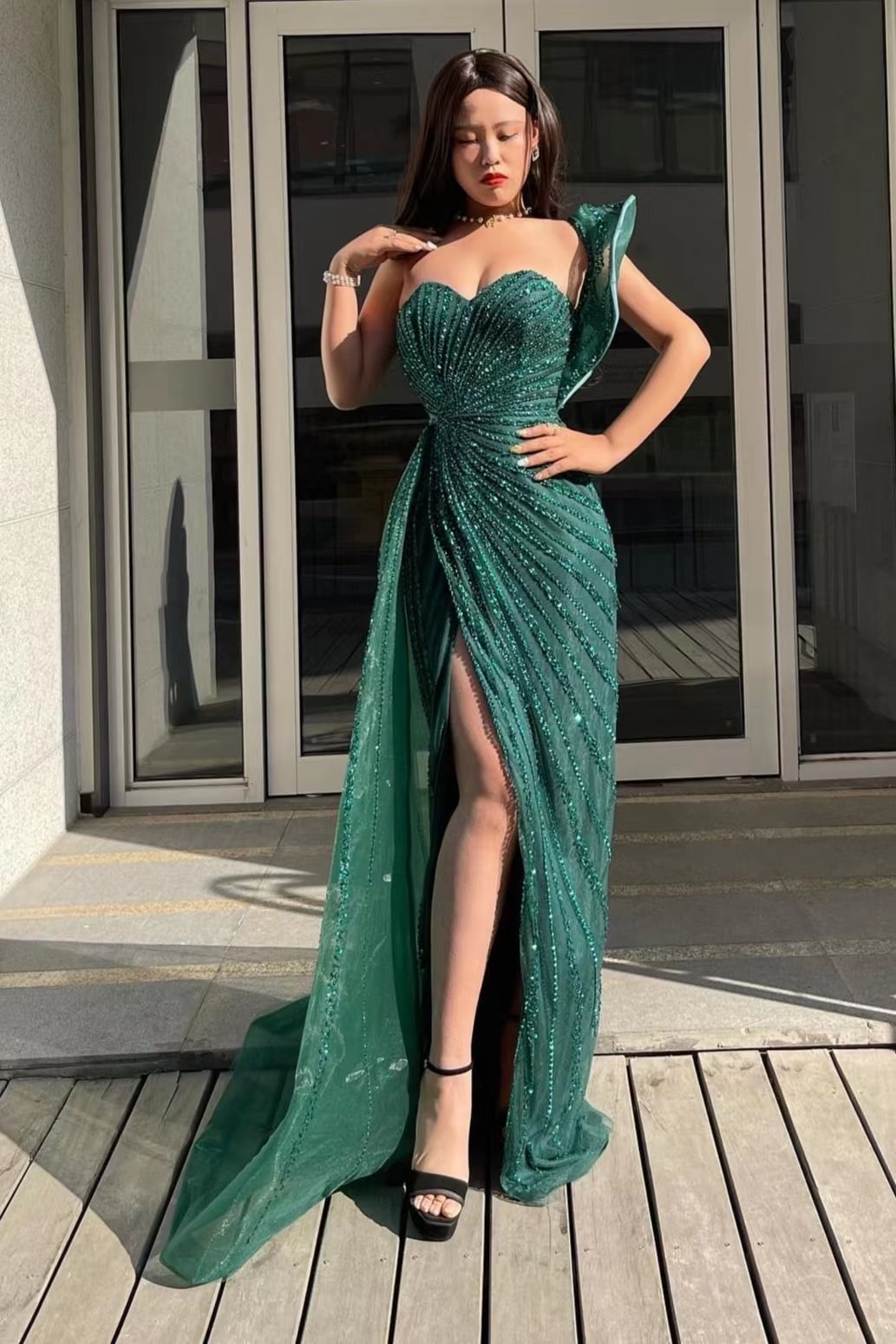 Glamorous Emerald Sweetheart Mermaid Prom Dress One Shoulder With Slit Sequins |Ballbellas Ballbellas