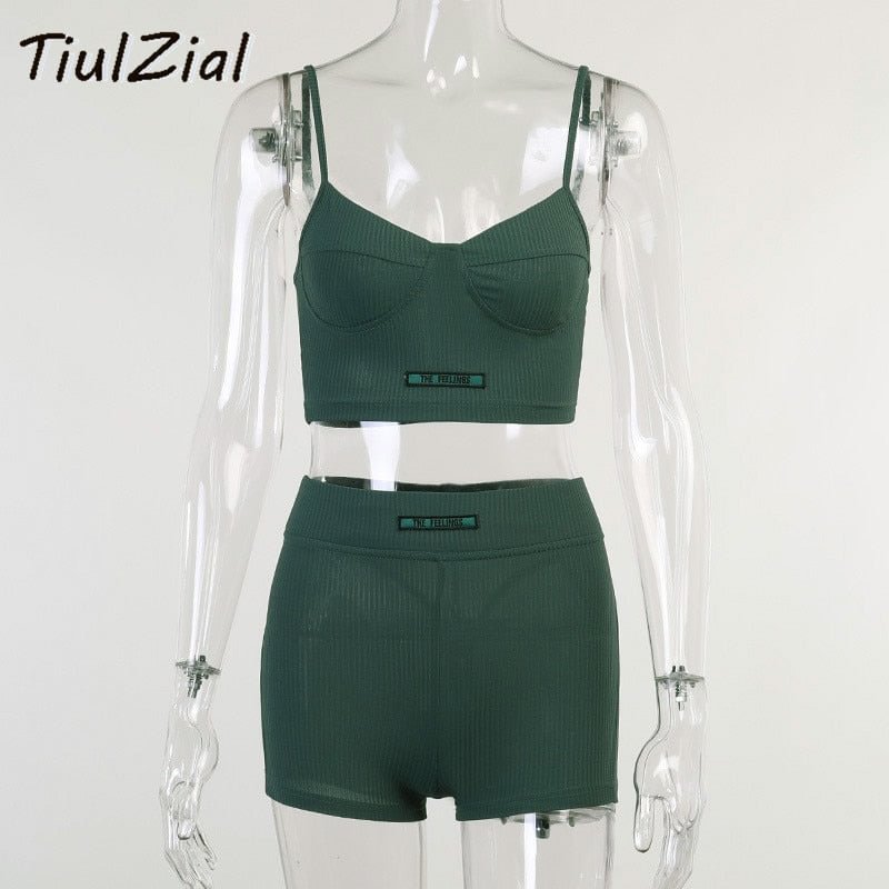 Sport Matching Women Shorts Set Ribbed Knitted Crop Top And Biker Shorts Two Pieces One Suit Booty Shorts Set Tracksuit