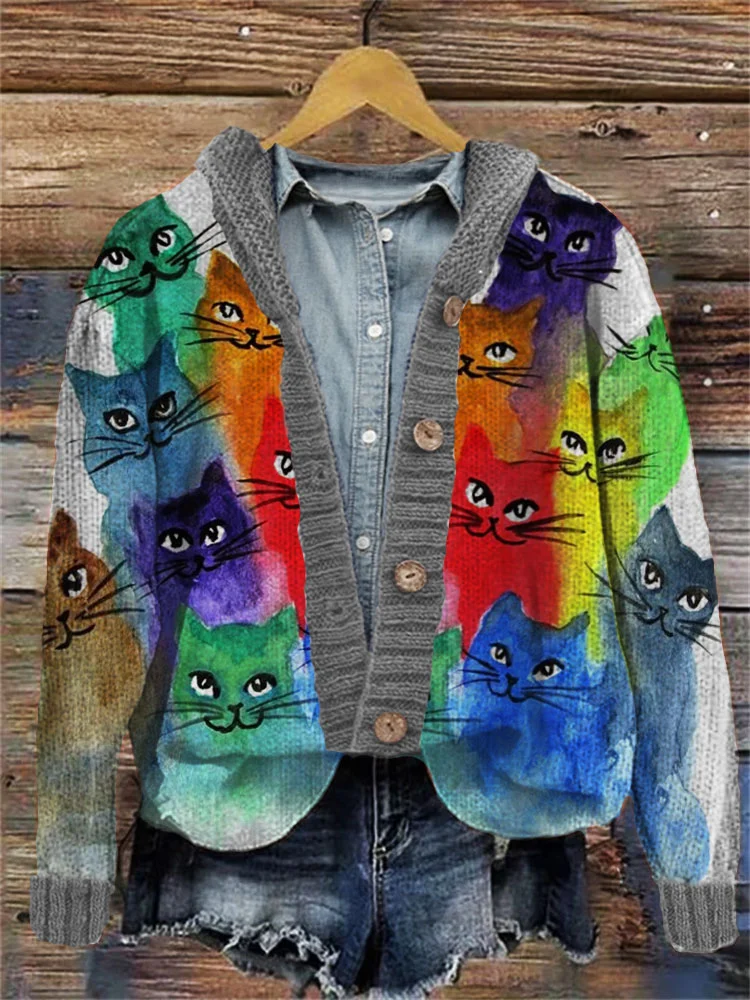 Colorful Cute Cats Embroidered Hooded Cardigan