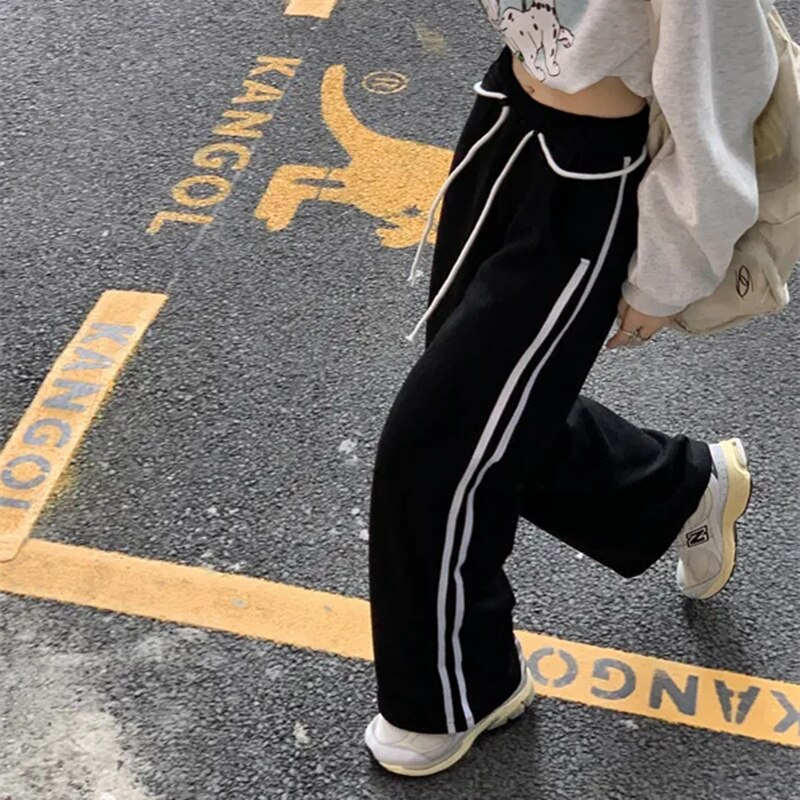 Zhaopinliu Fashion Casual Women Striped Sweatpants Bf High Waist Baggy Korean All Match Wide Leg Trousers Harajuku Streetwear Jogging Pants