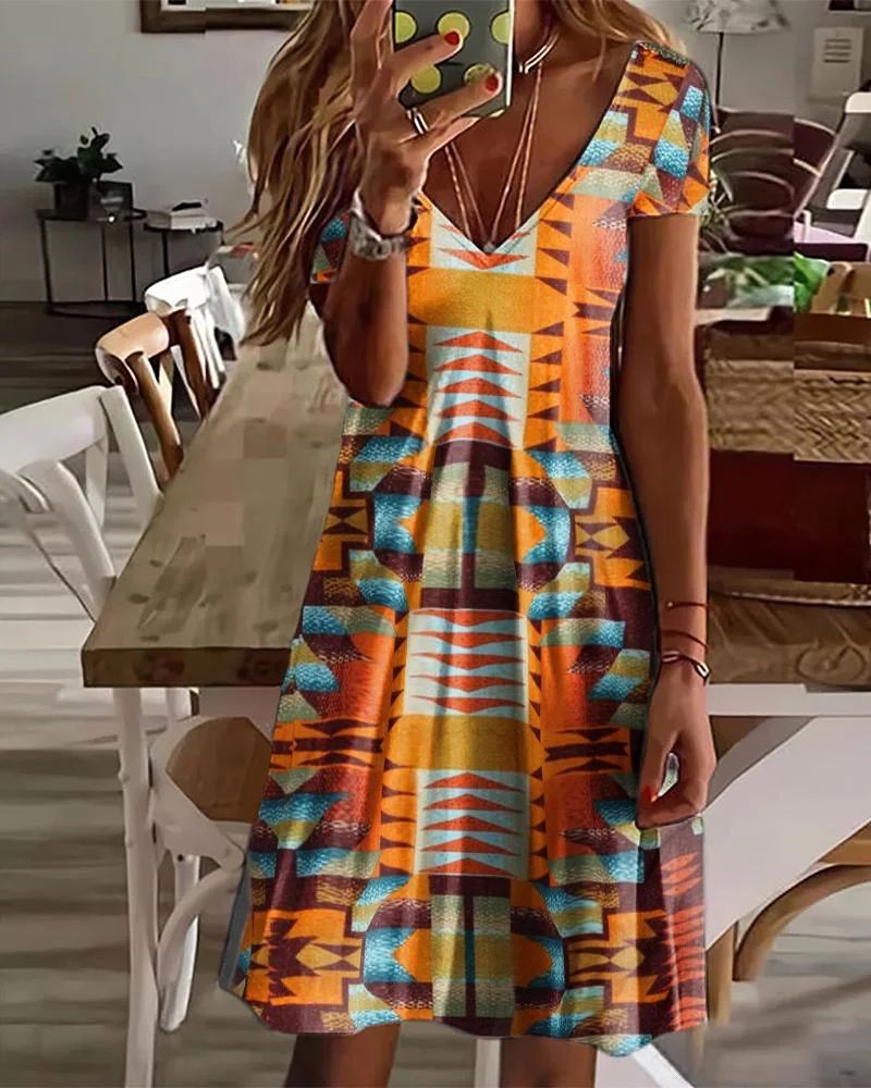 Casual V-Neck Printed Short Sleeve Dress