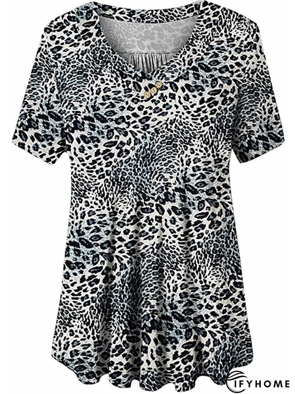 Women's Shirt Blouse Denim Blue Black White Leopard Floral Print Short Sleeve Casual Holiday Basic V Neck Regular Floral Plus Size M | IFYHOME