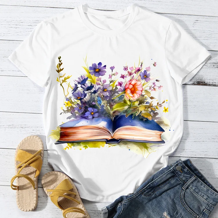 Colorful Flowers With Book Women's Round Neck T-Shirt -BSTC1626