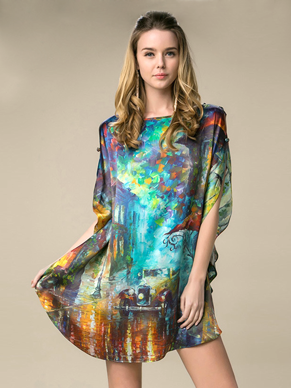 19 Momme Impressionism Printed Loose Silk Nightgown-Real Silk Life