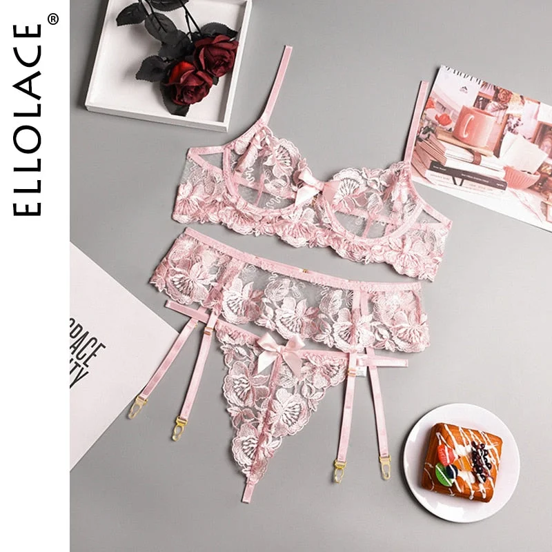 Ellolace Sexy Sensual Lingerie Floral Embroidery Erotic Underwear Underwire Short Skin Care Kit Garters Thongs Red Brief Sets