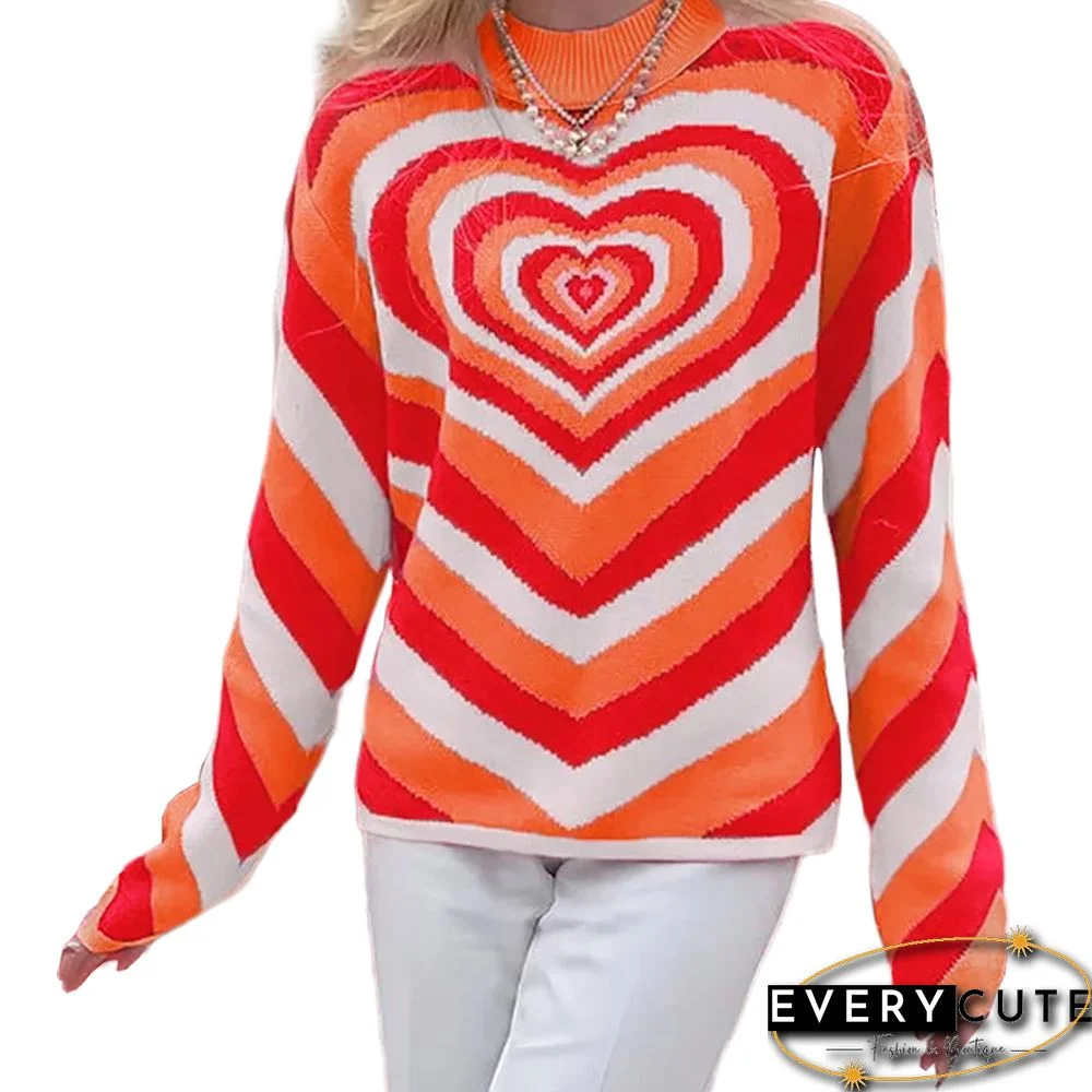 Orange Rainbow Heart Print Color Block Sweater