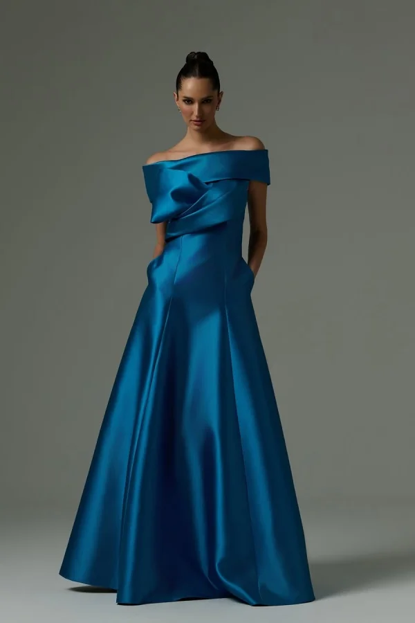 Ocean Blue Formal Off-The-Shoulder A-Line Prom Dress With Pockets ZT0773