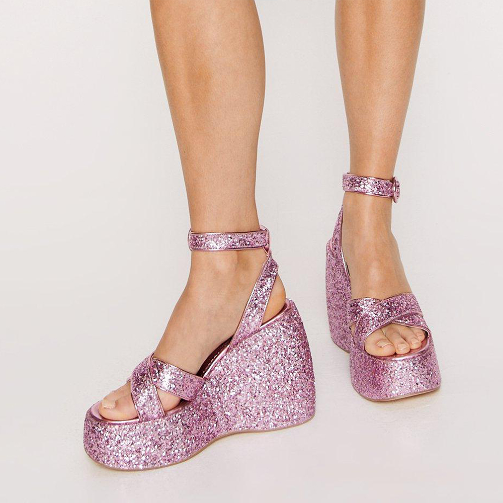 Purple Glitter Open Toe 4'' Wedge Heel Ankle Strap Platform Sandals Nicepairs