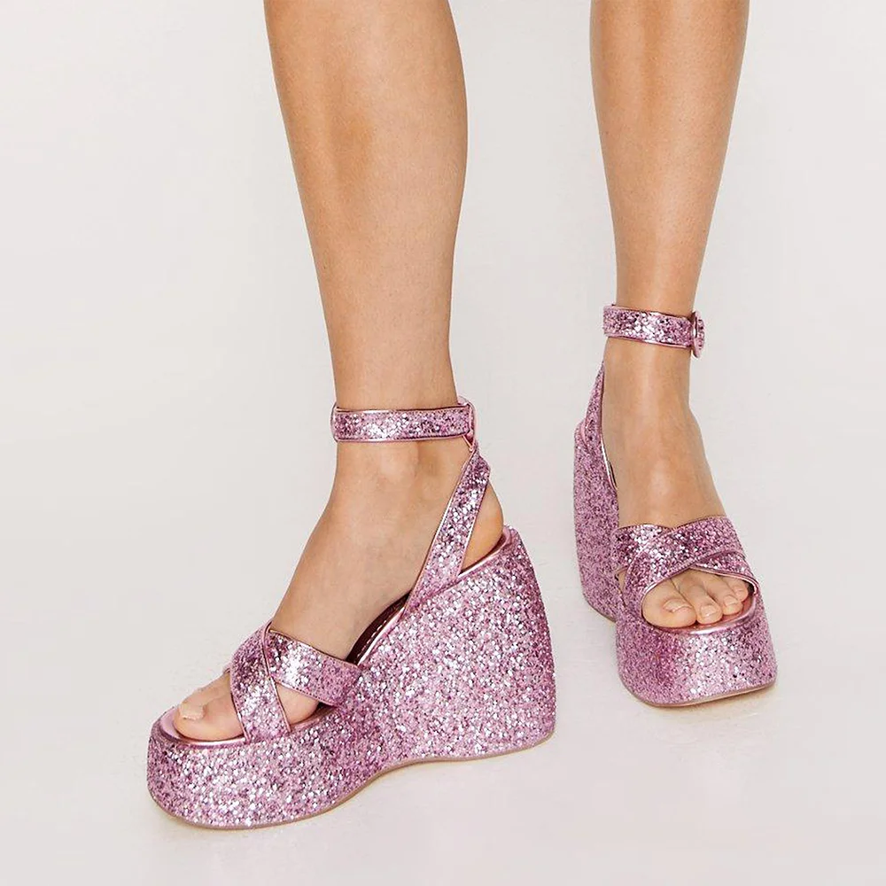 Purple Glitter Opened Toe Crisscross Strappy Platform Sandals With Wedge Heels Nicepairs