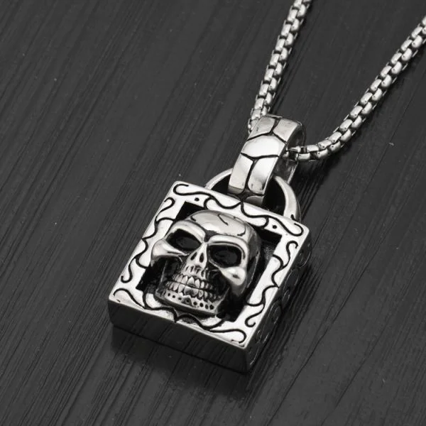 Sterling Silver Hip Hop Style Skull Lock Pendant Necklace
