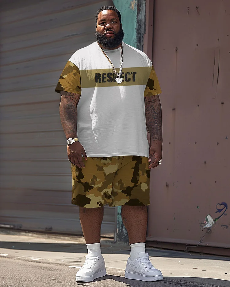 Men's Plus Size Casual Simple Camouflage Colorblock Respect Print T-shirt Shorts Suit