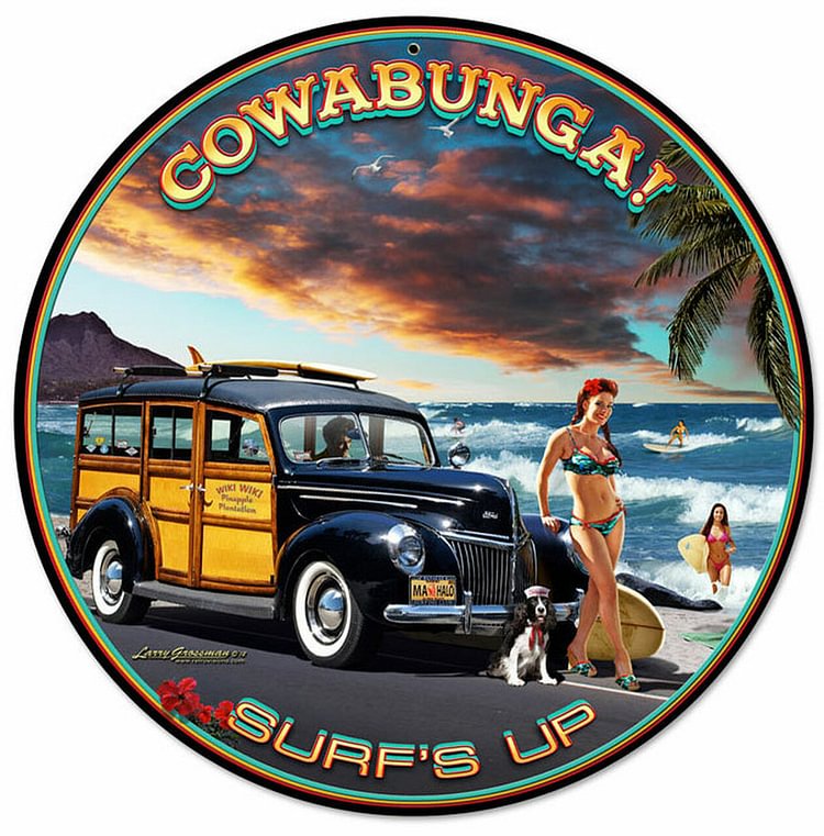 30*30cm - Cowabunga - Round Tin Signs/Wooden Signs