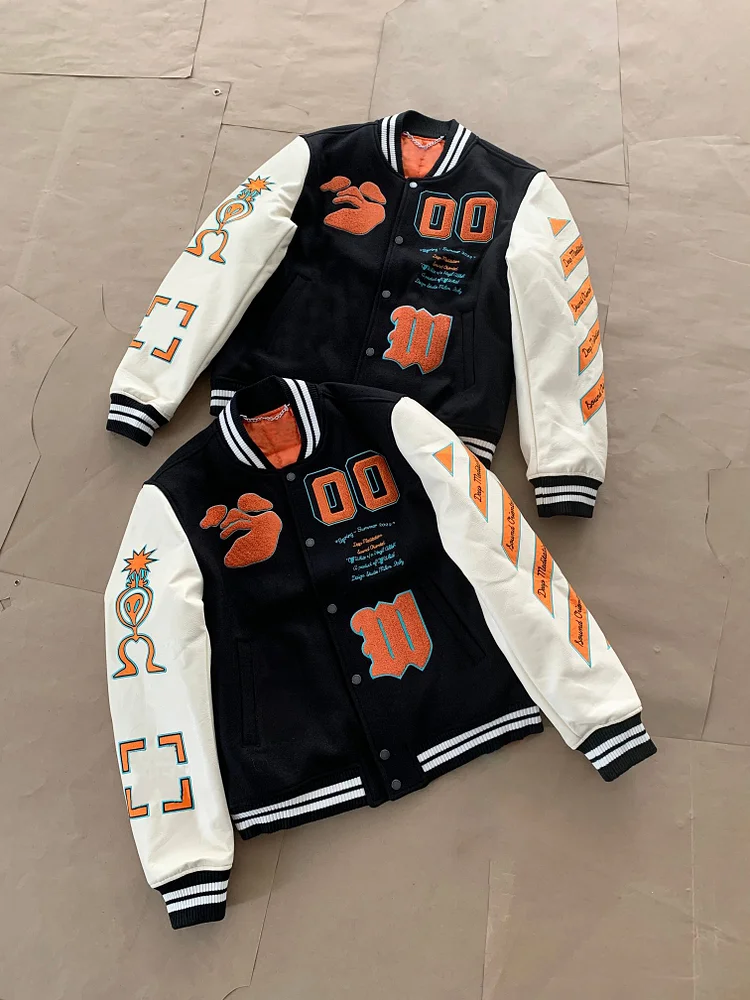 2023 New Street Hip Hop OW Embroidered Baseball Uniform Loose Paneled Unisex Jacket Spring and Autumn Casual Jackets