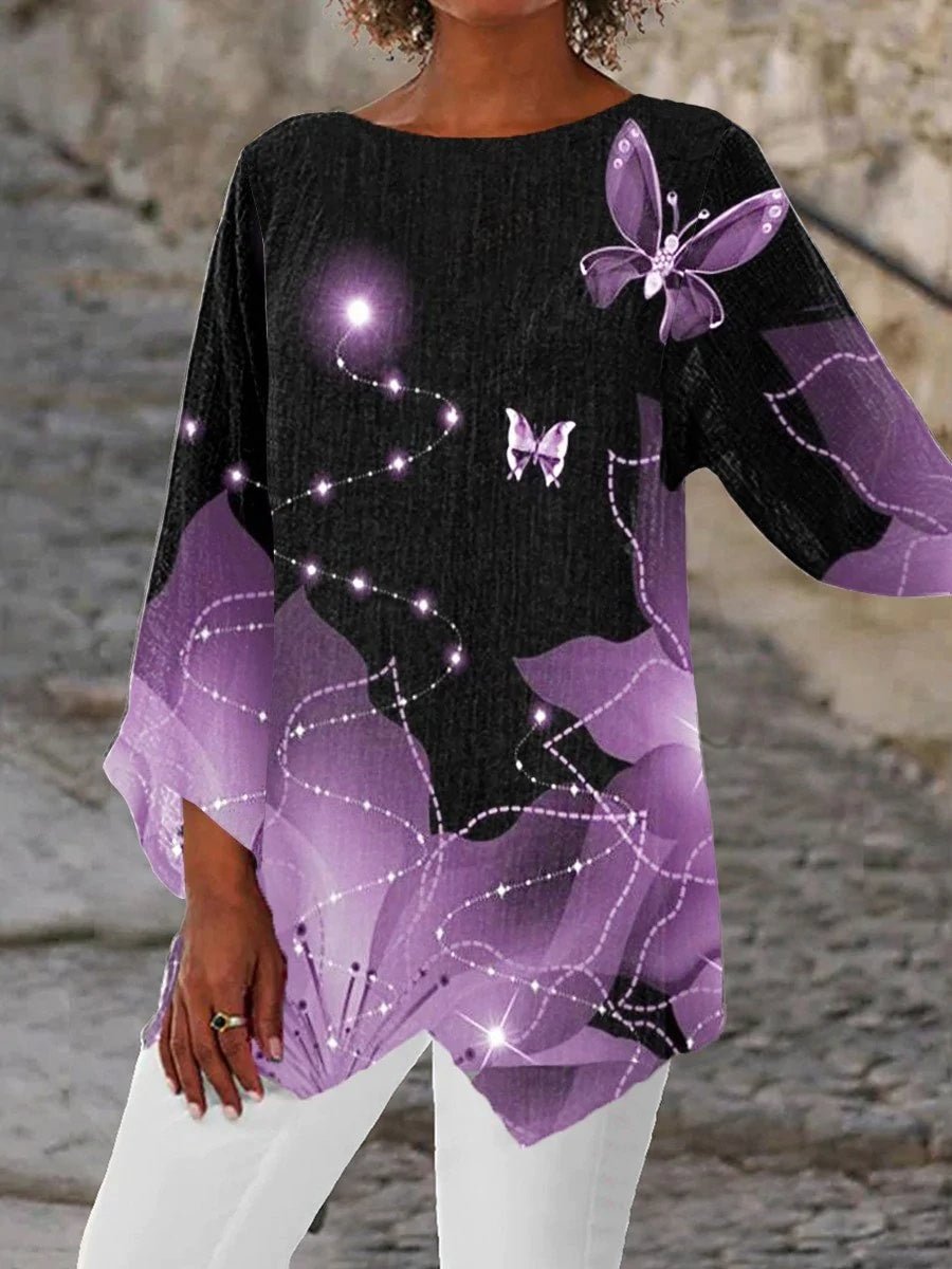 Women Asymmetrical 3/4 Sleeve Scoop Neck,Printed Striped Tops