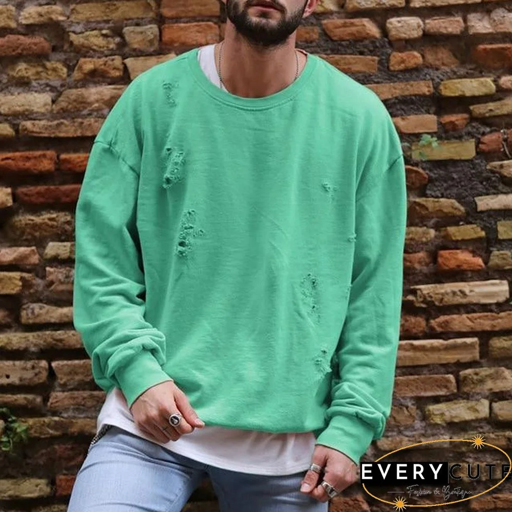 Men Fashion Hole Decorate Casual Loose Hoodies Pure Color Long Sleeve O Neck Sweatshirts Streetwear Tracksuits