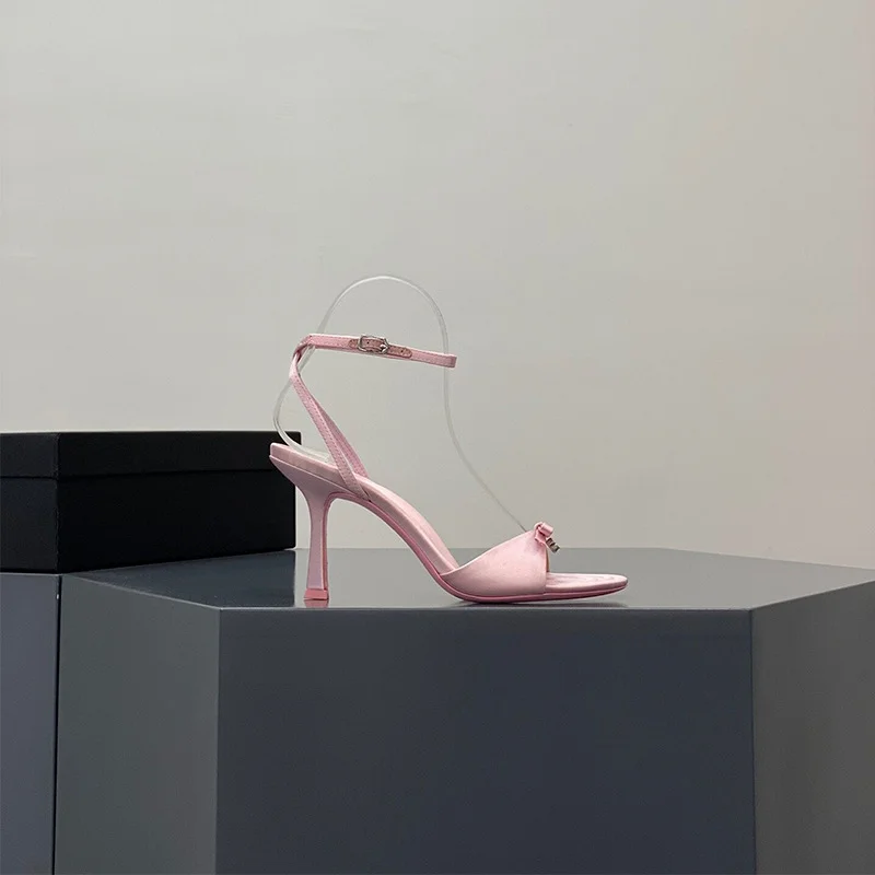 Breakj Breakj New Summer Bow Silk Satin High Heels Women Feel Water Drill Letters Fine And Exposed Cool Slippers Pink