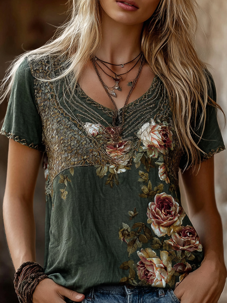 Vintage Floral 3d Print Dark Green Cotton Linen Crew Neck Short Sleeve elevenforest