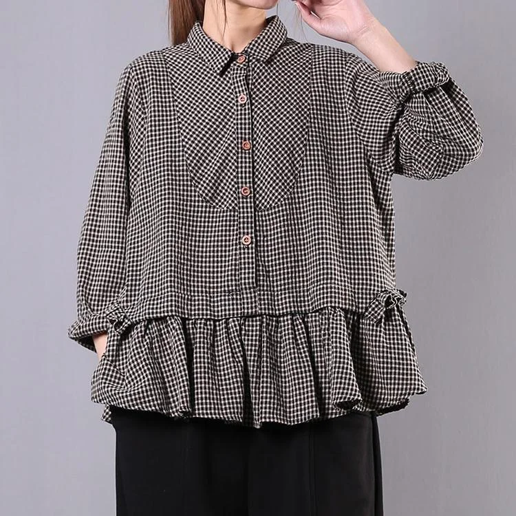 Unique lapel Ruffles linen cotton spring top black plaid Vestidos De Lino top