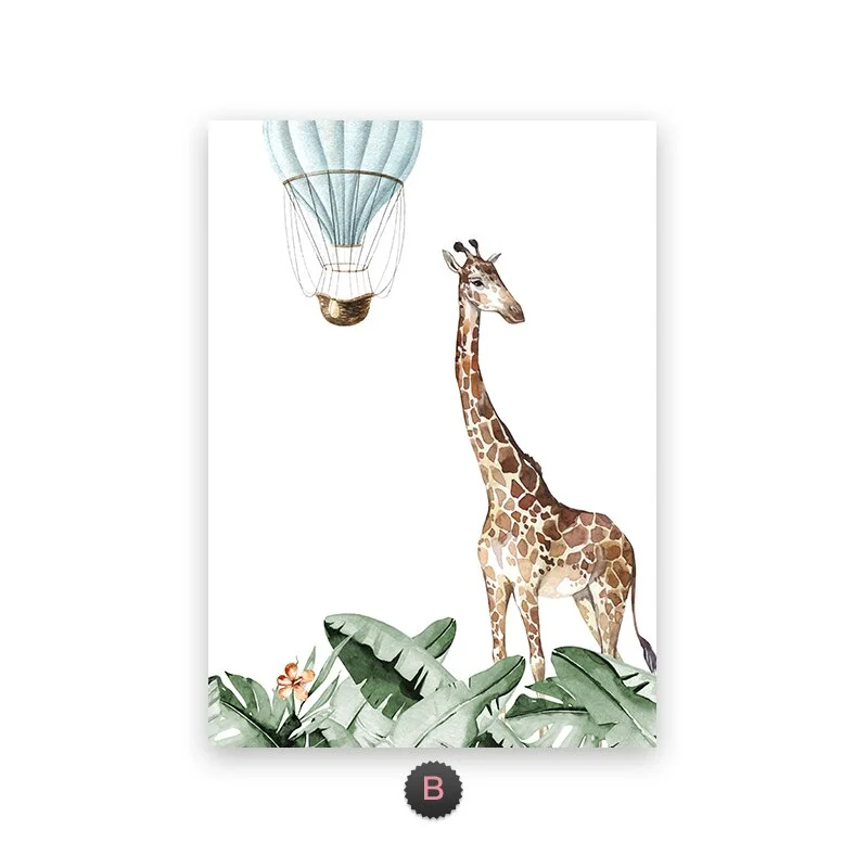 Cartoon Tropical Rainforest Animals Painting Elephant Giraffe Nordic Plant Wall Painitng Canvas Kids Baby Bedroom Decoration