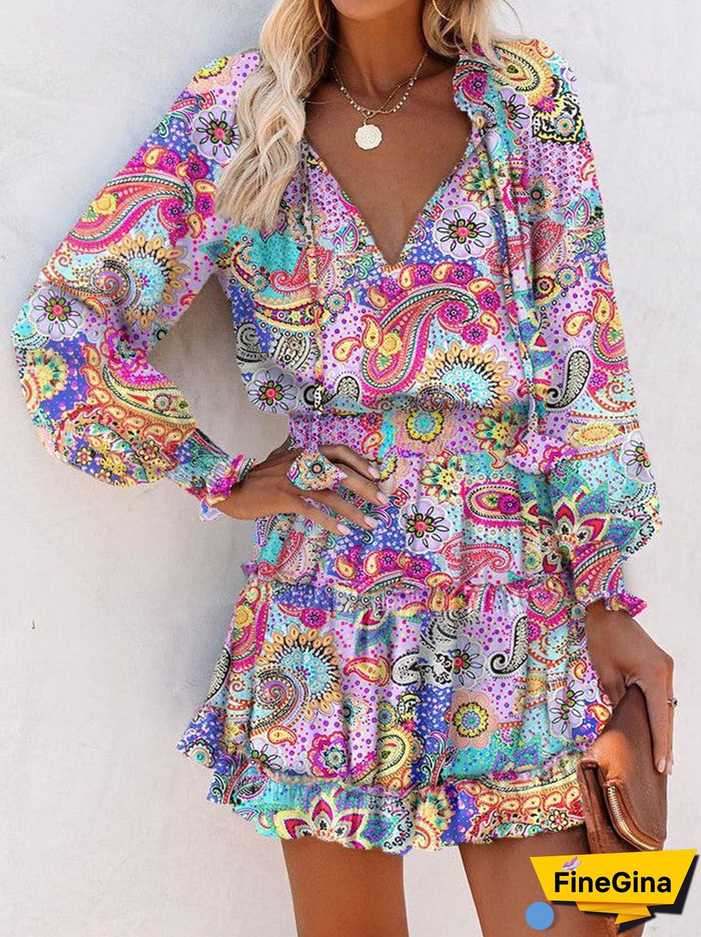 Women's Long Sleeve V-neck Printed Casual Dress