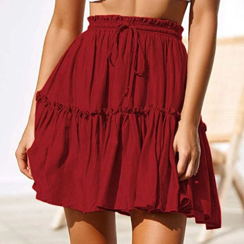Gentillove Summer Boho Pleated A Line Skirt Women Vintage Short Skirts Casual Ruffled Mini Skirt with Sashes Holiday Beach Skirt