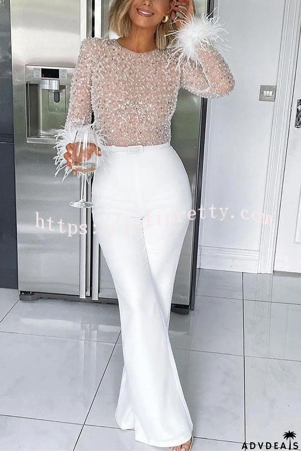 Ready for Vegas Feather Detail Trim Sequin Jumpsuit