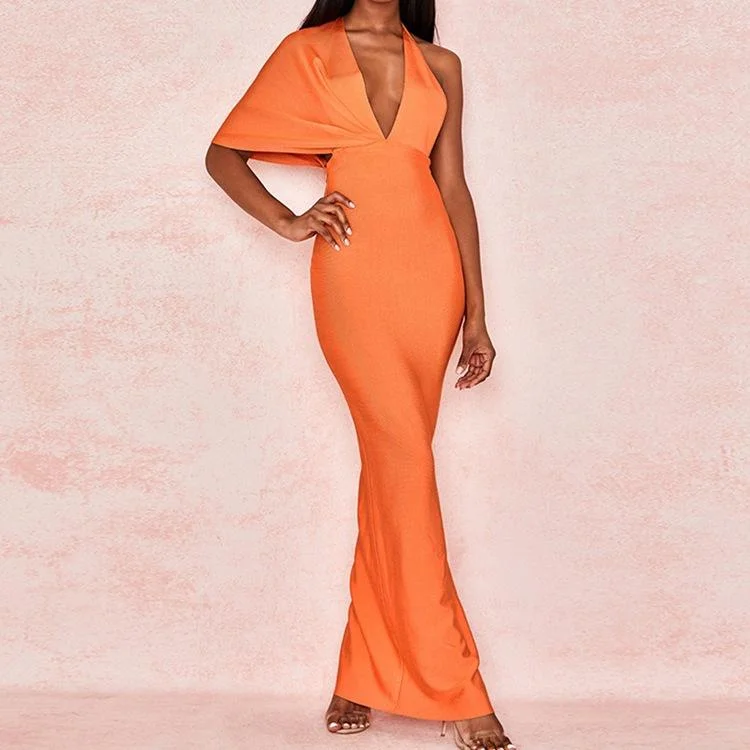 Promsstyle Promsstyle Backless V-neck orange single-sleeve slit long evening dress Prom Dress 2023