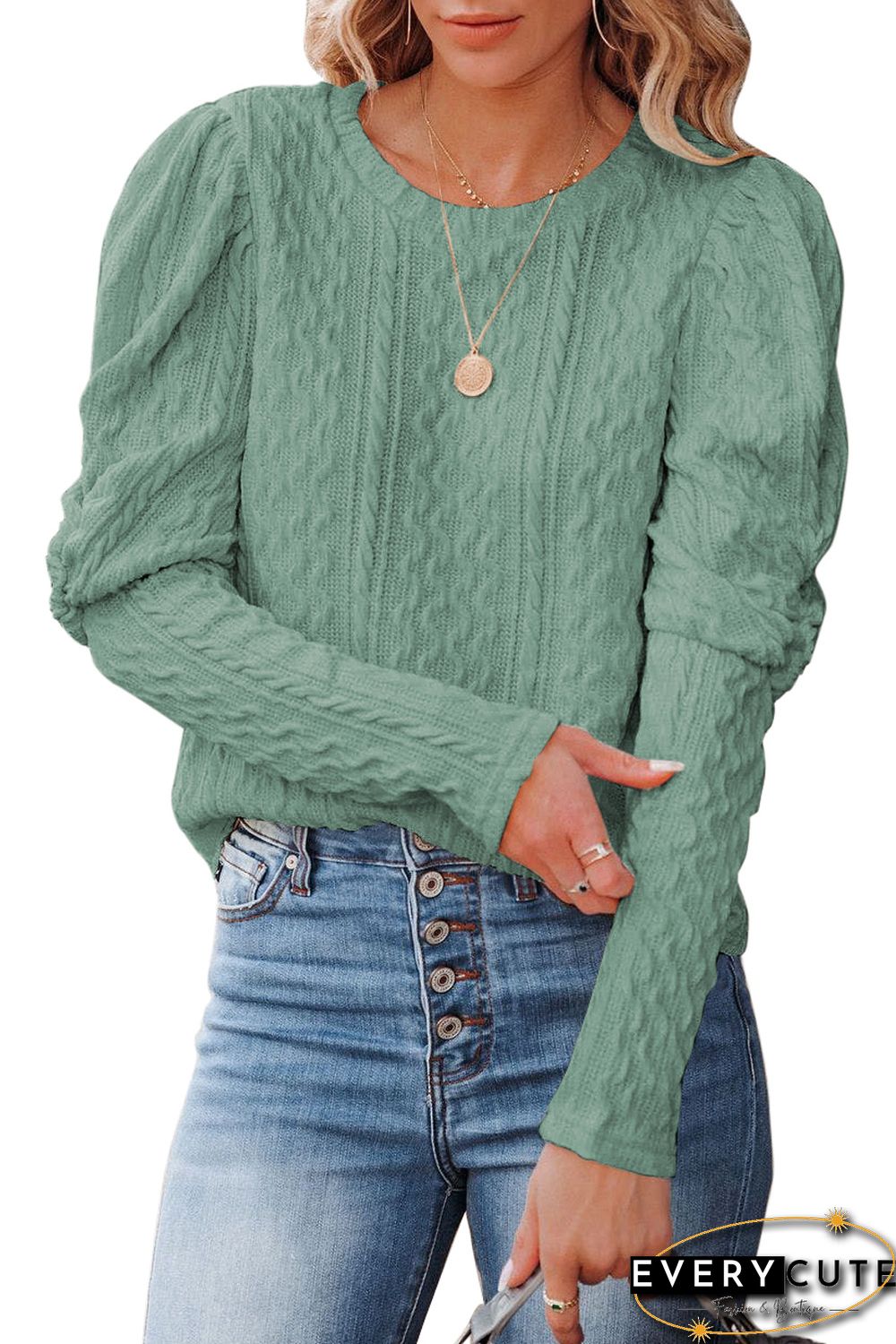 Solid Color Puffy Sleeve Textured Knit Top