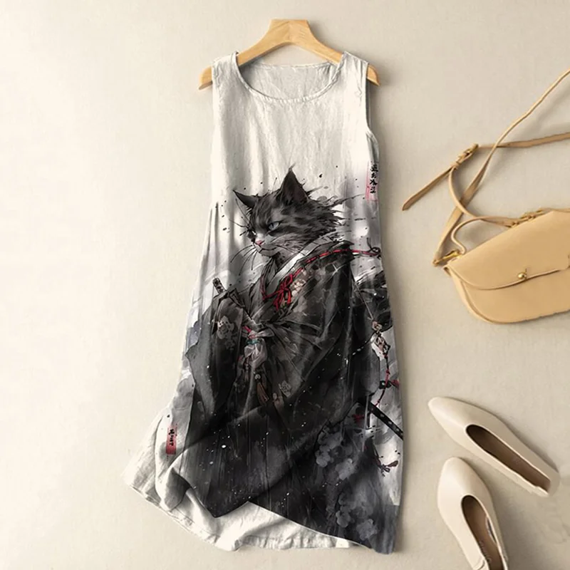 Vintage Japanese Cat Samurai Ink Art Print Sleeveless Cotton And Linen Midi Dress