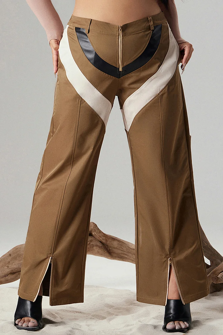 Xpluswear Design Plus Size Daily Pants Khaki High Waist Zipper Contrast Color Straight Leg Pants [Pre-Order]