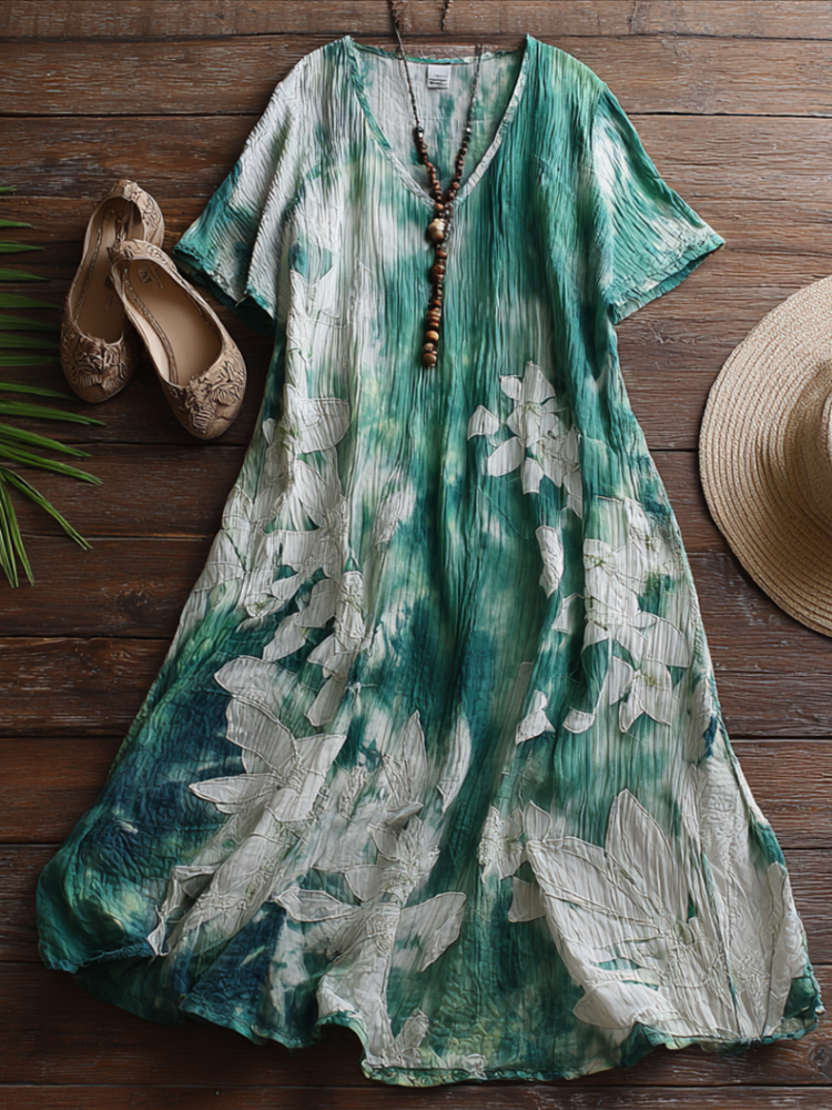 Vintage-style Forsythia Artistic Tie-dye Cotton Linen V-neck Dress elevenforest