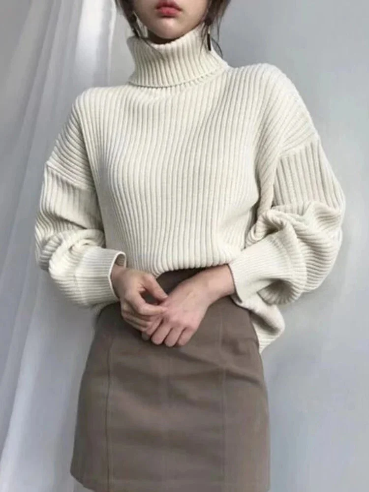 Oocharger Office Lady Elegant Turtleneck Sweaters Korean Fashion Lazy Wind Women Long Sleeve Knitted Pullovers Solid Vintage Jumpers